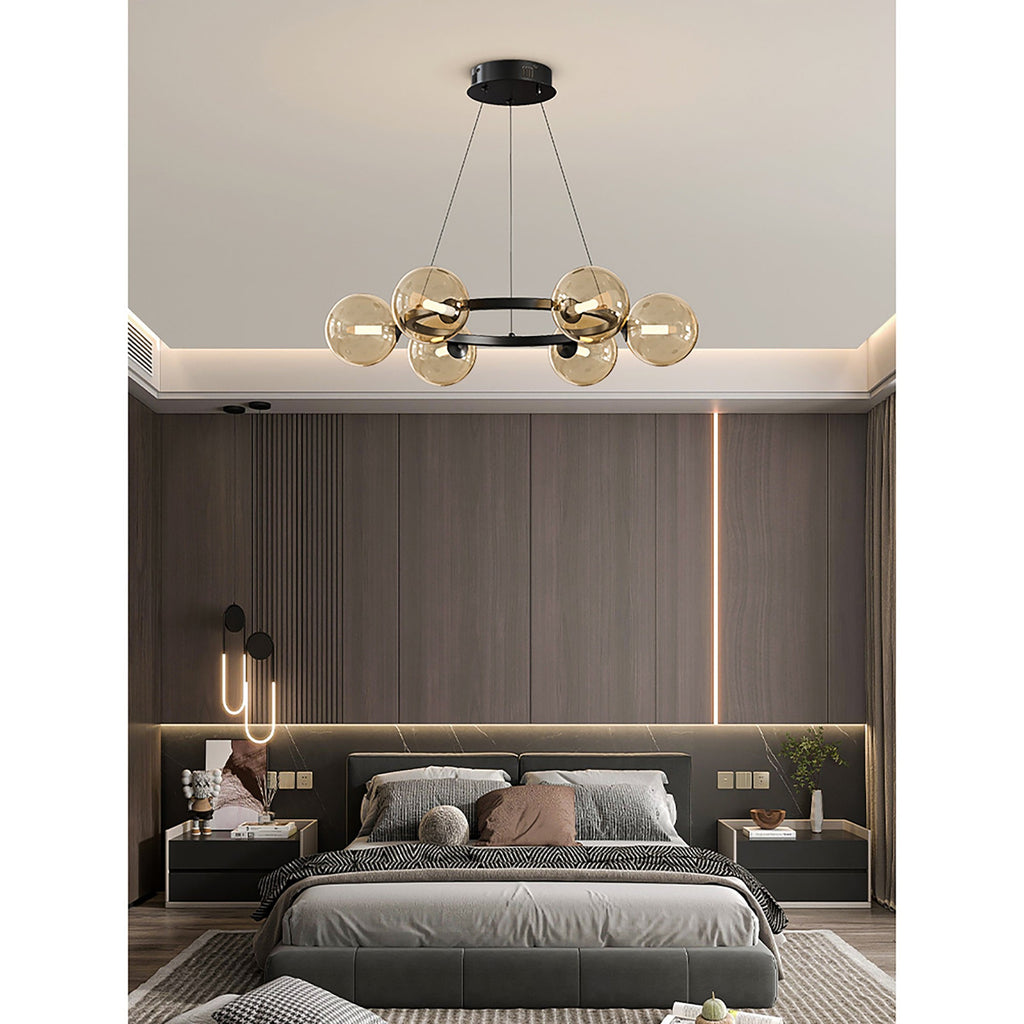 Modern Ring Chandelier with Glass Shades, 6 or 8 Lights