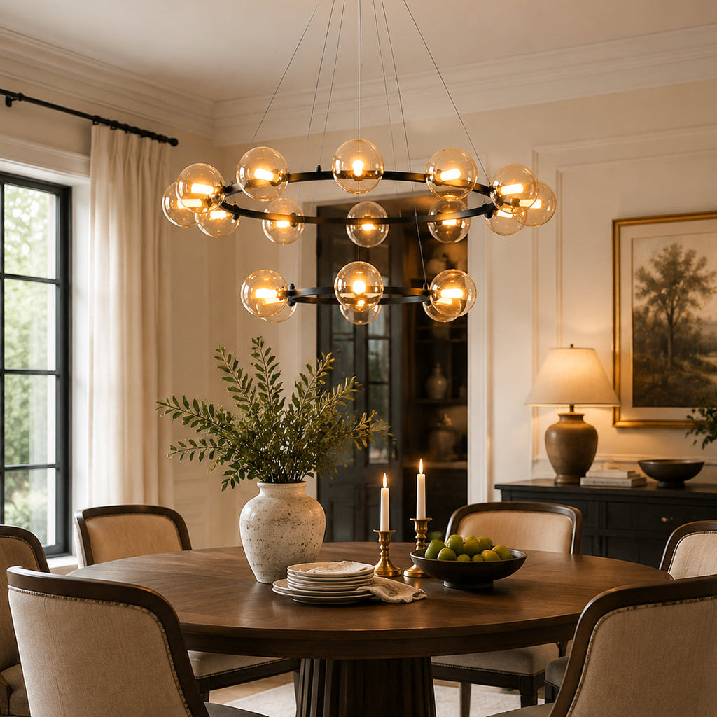 Modern Ring Chandelier with Glass Shades, 6 or 8 Lights