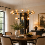 Modern Ring Chandelier with Glass Shades, 6 or 8 Lights