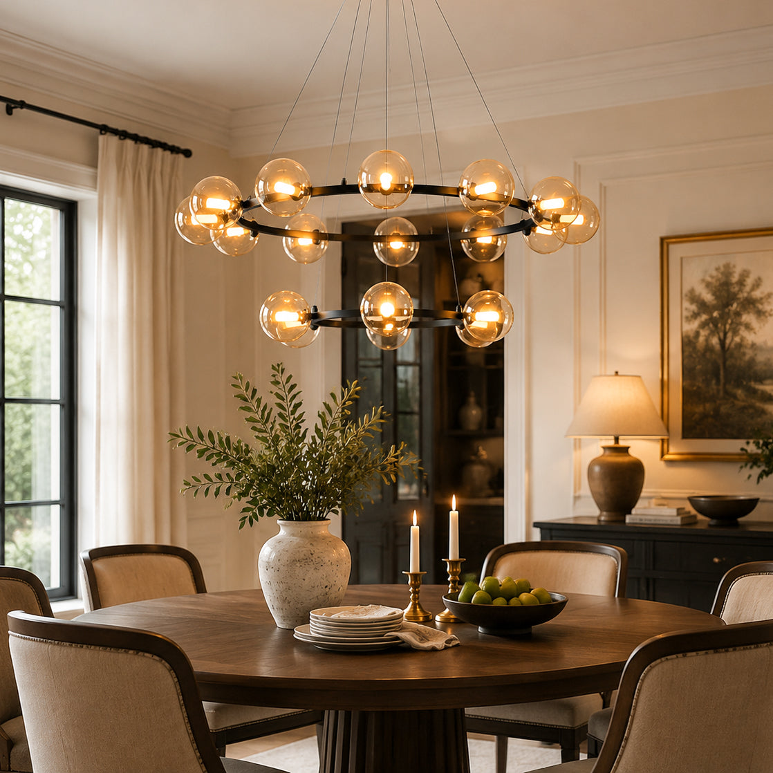 Modern Ring Chandelier with Glass Shades, 6 or 8 Lights