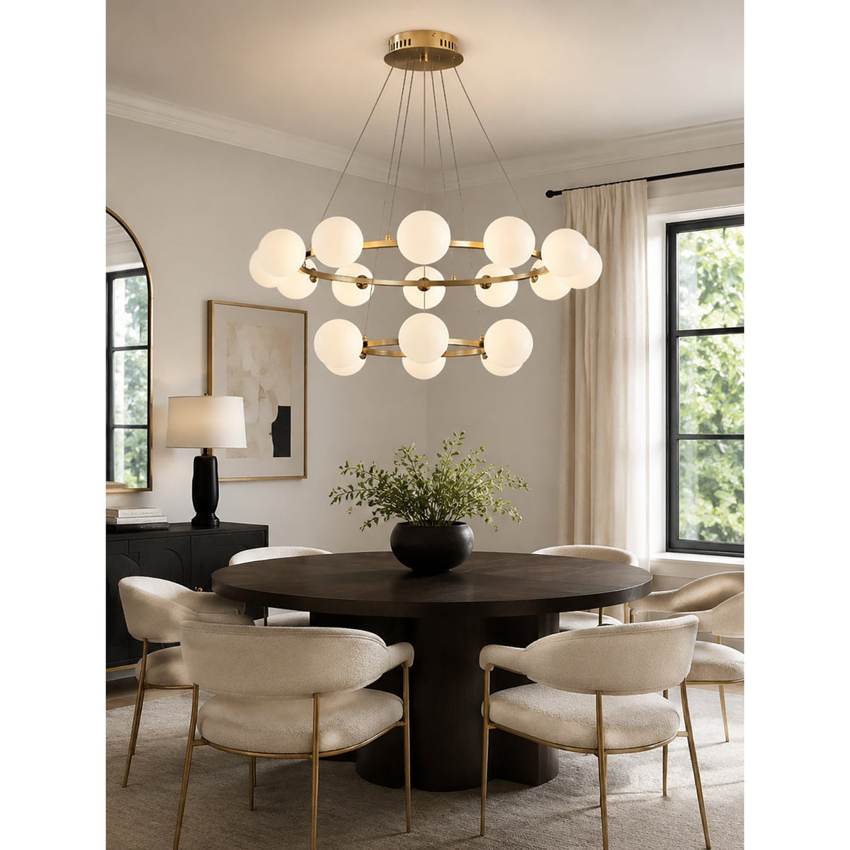 Modern Ring Chandelier with Glass Shades, 6 or 8 Lights