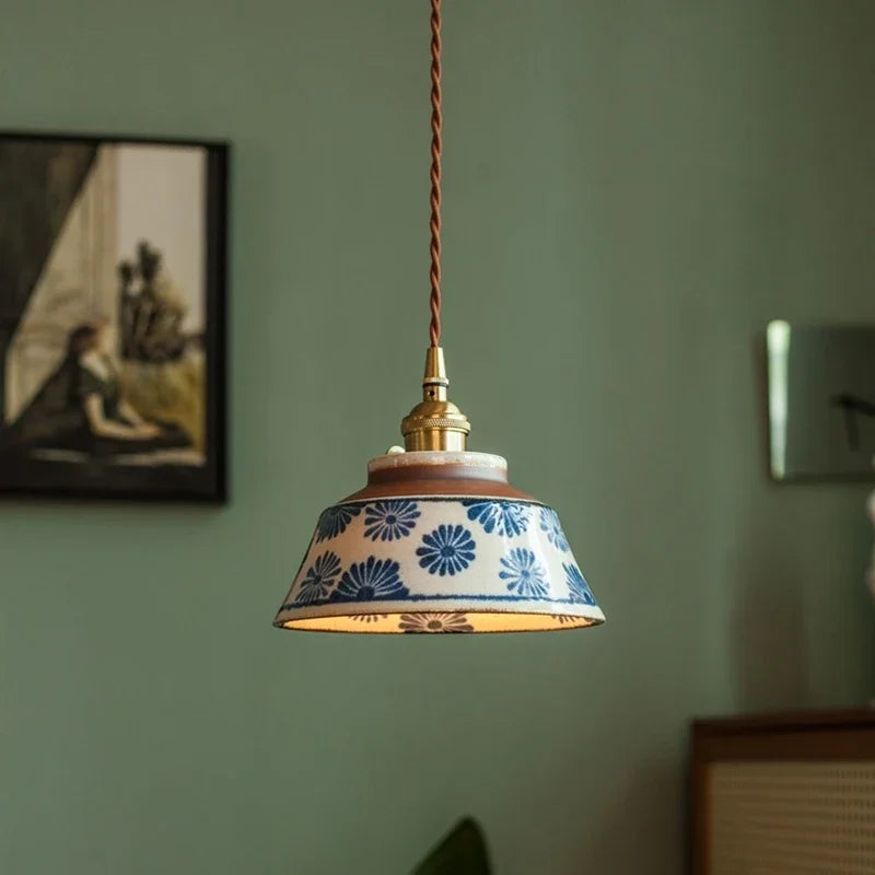 Hand-Painted Floral Ceramic Pendant Light, Copper Finish