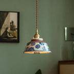 Hand-Painted Floral Ceramic Pendant Light, Copper Finish
