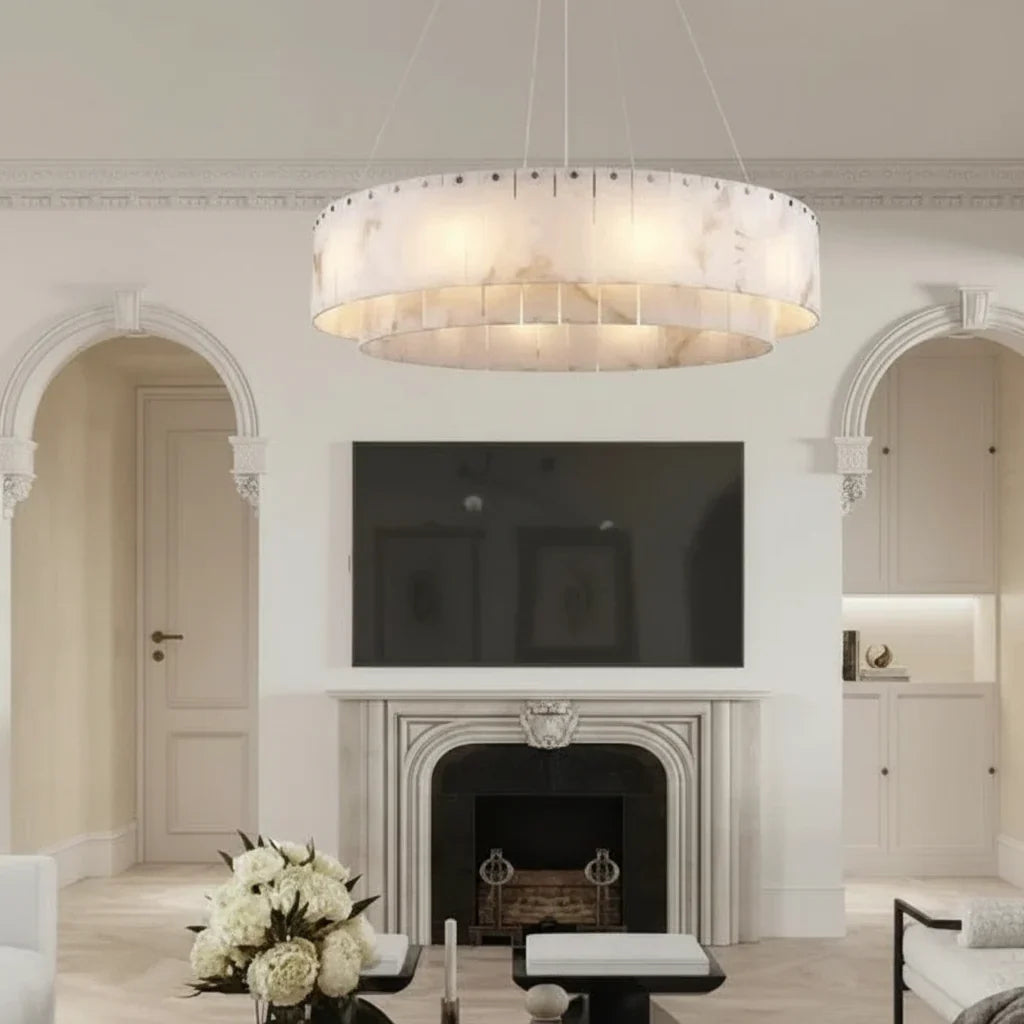 Alabaster-Style Ring Chandelier, Dimmable LED, Metal Frame
