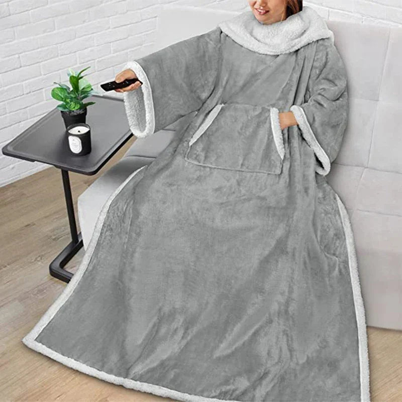 Wearable Sherpa Fleece Blanket with Sleeves and Foot Pocket