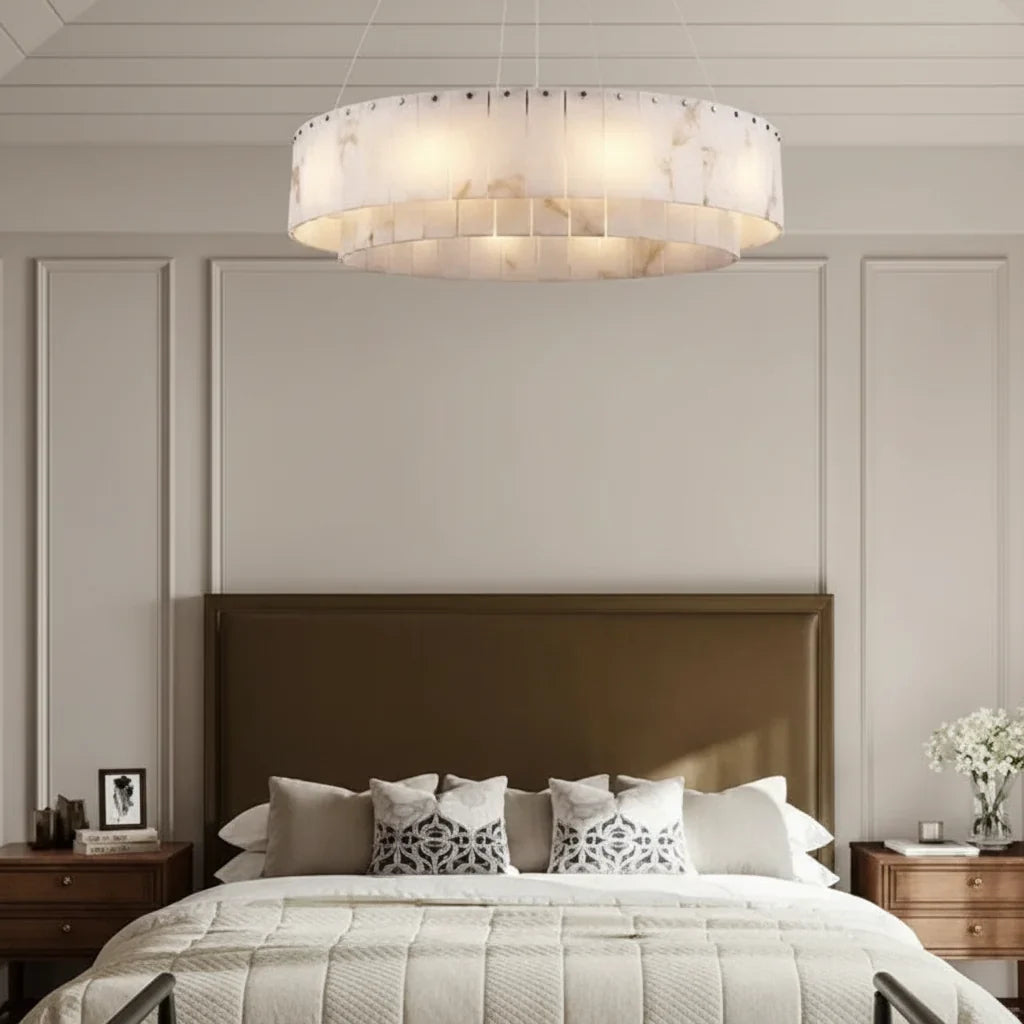 Alabaster-Style Ring Chandelier, Dimmable LED, Metal Frame