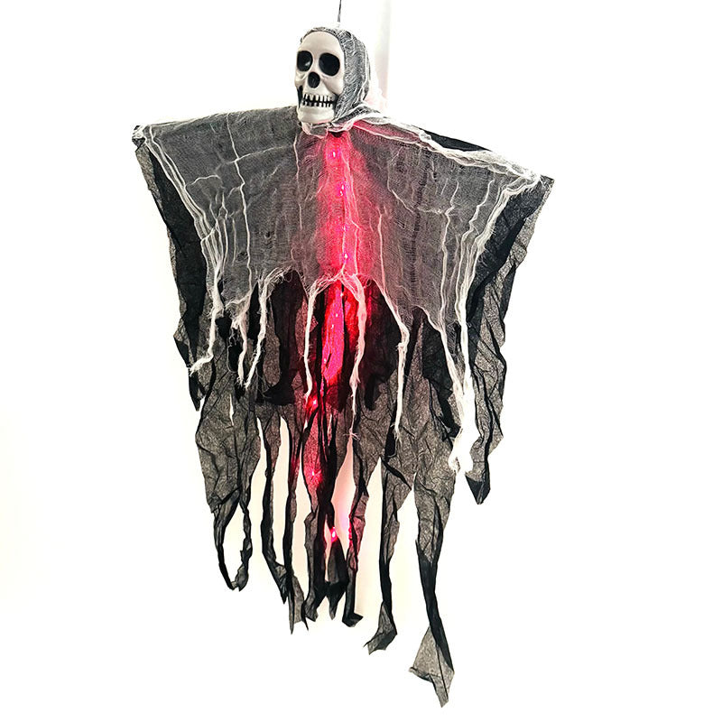 Light-Up Hanging Ghost with Skull and Gauze, Three Light Colours