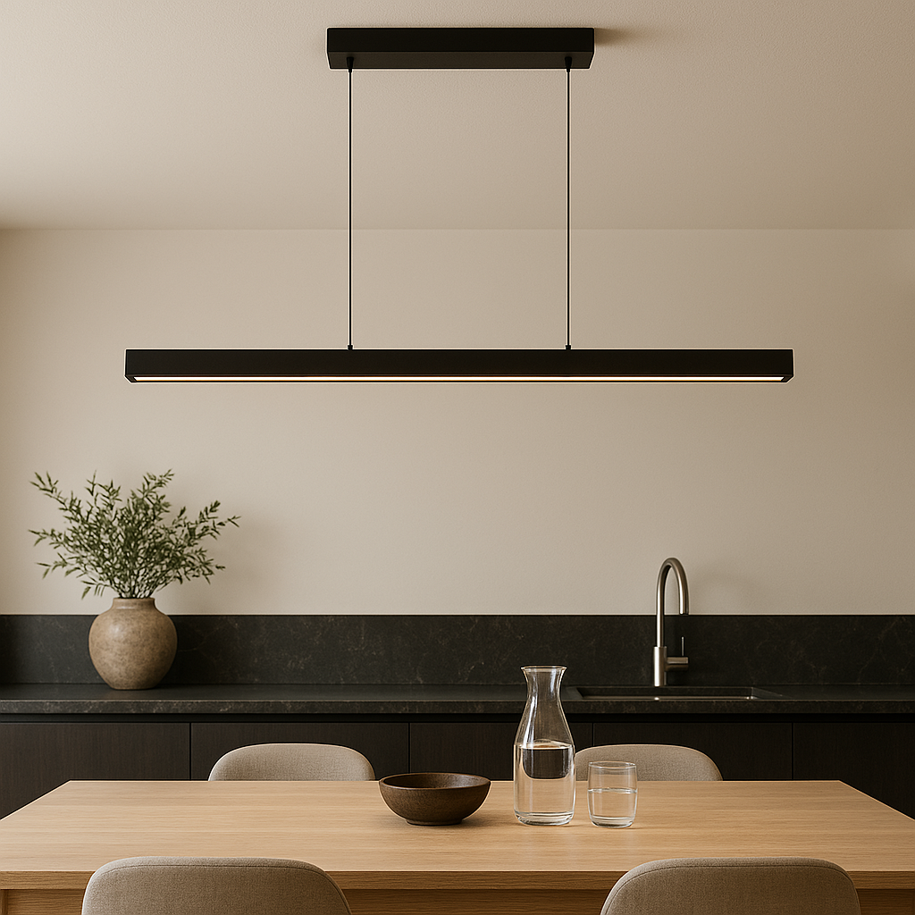 Linear LED Pendant Light, Wood Effect and Iron, 3000K