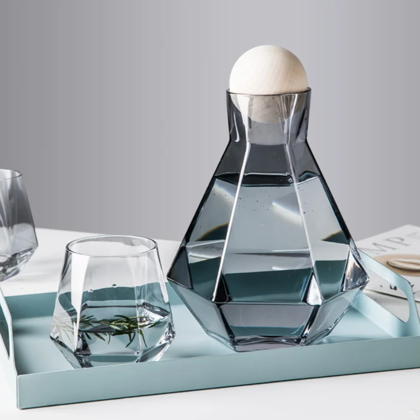 5-Piece Diamond-Cut Glass Carafe Set with Beech Stopper