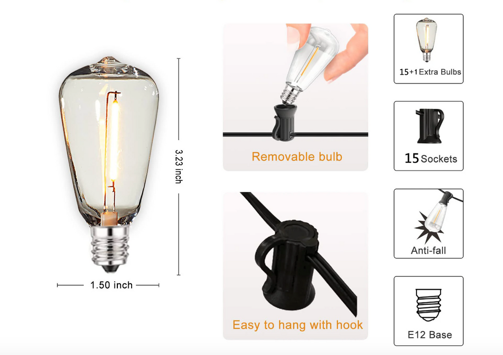 Outdoor Festoon Lights, 10 m with 15 Shatterproof Bulbs, IP44