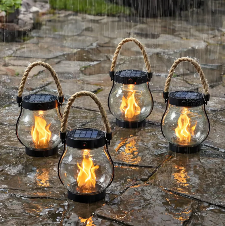 Solar Flame Effect Lantern with 22 LEDs, 25.5 cm, Hemp Rope