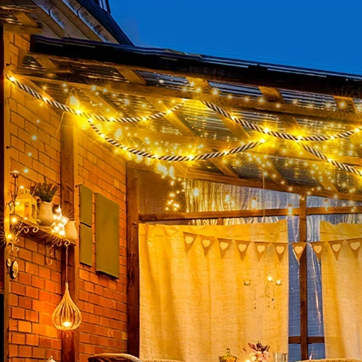 Solar Hemp Rope String Lights, 5 m, 100 Warm White LEDs
