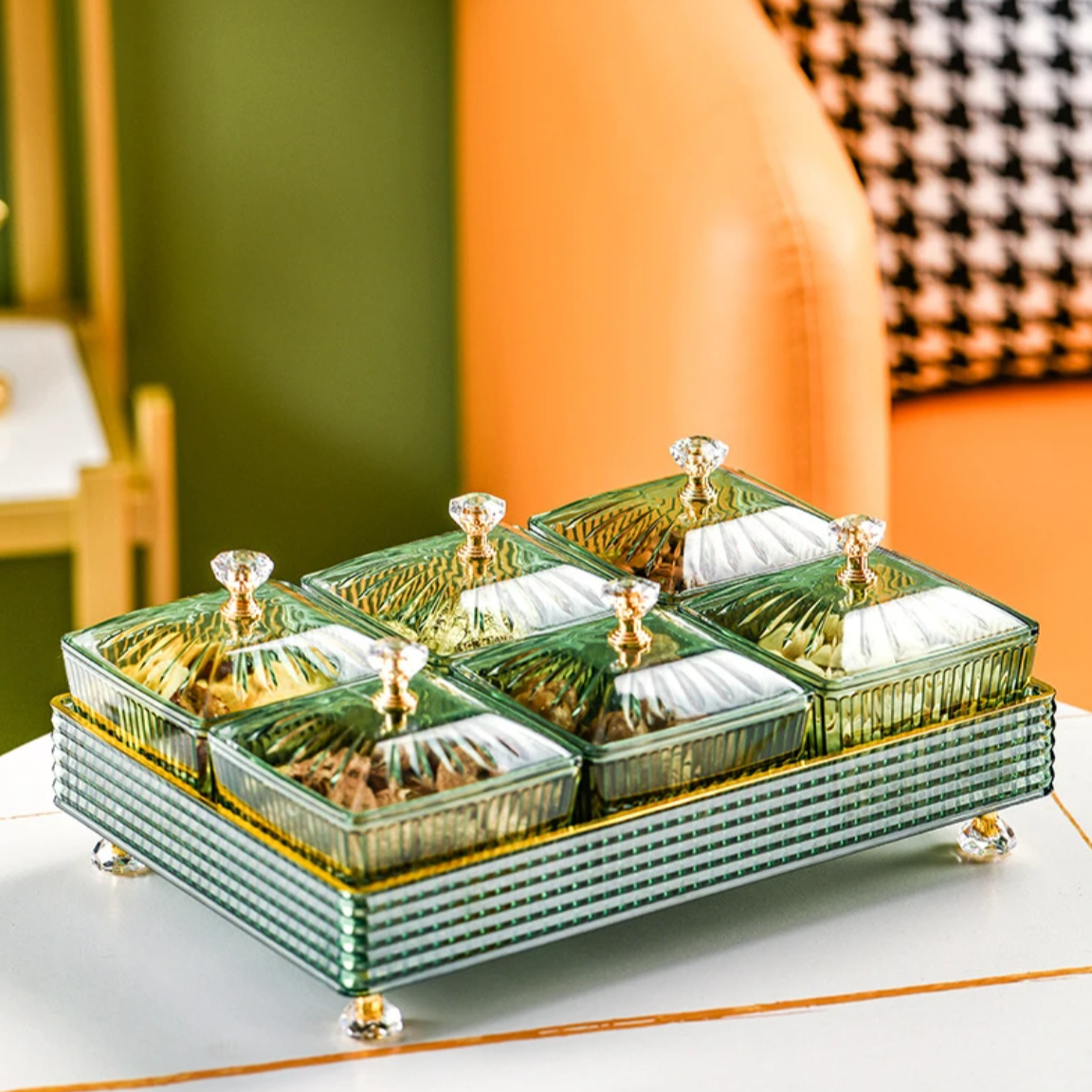 Six-Compartment Serving Tray for Snacks, Green or White