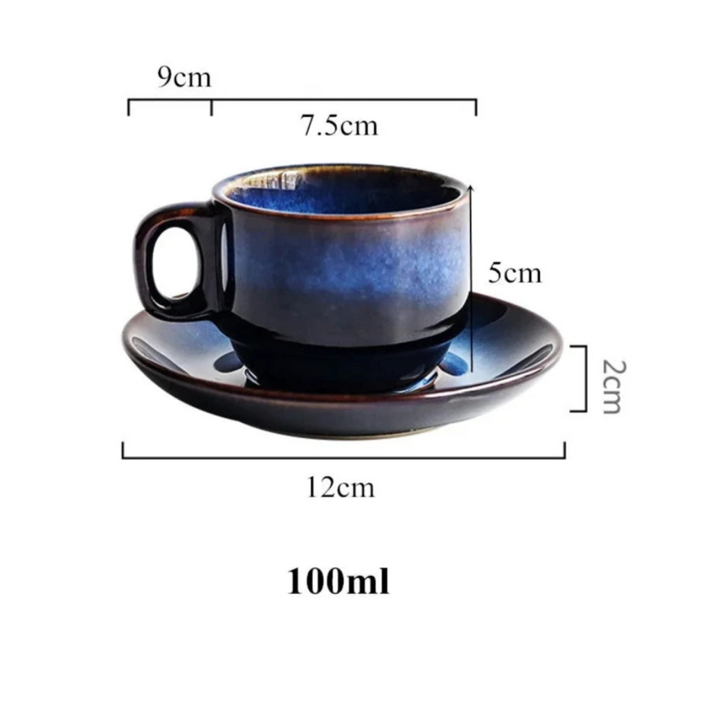 Deep Blue Ceramic Mug and Saucer Set, Coffee or Espresso