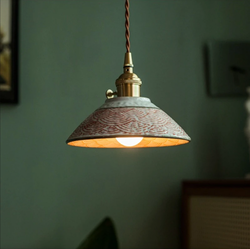 Hand-Painted Floral Ceramic Pendant Light, Copper Finish