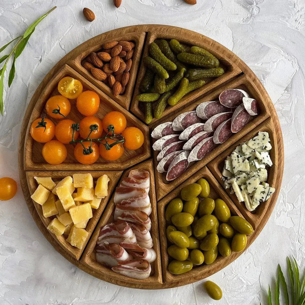 Round Wooden Serving Platter with 8 Removable Dishes, 25 cm