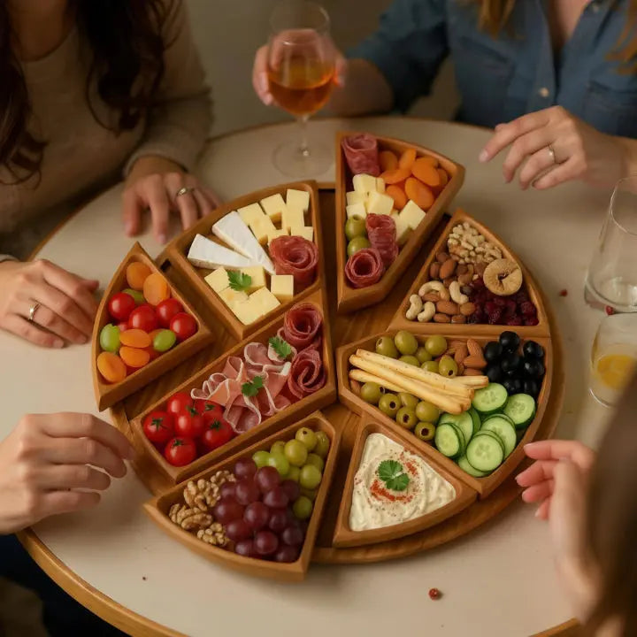 Round Wooden Serving Platter with 8 Removable Dishes, 25 cm