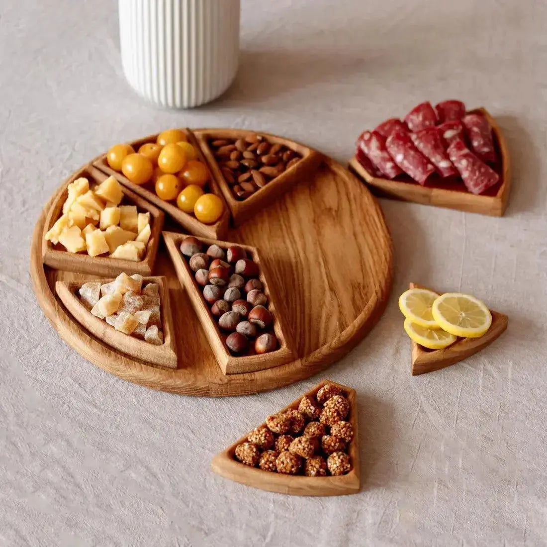Round Wooden Serving Platter with 8 Removable Dishes, 25 cm