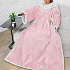 Wearable Sherpa Fleece Blanket with Sleeves and Foot Pocket