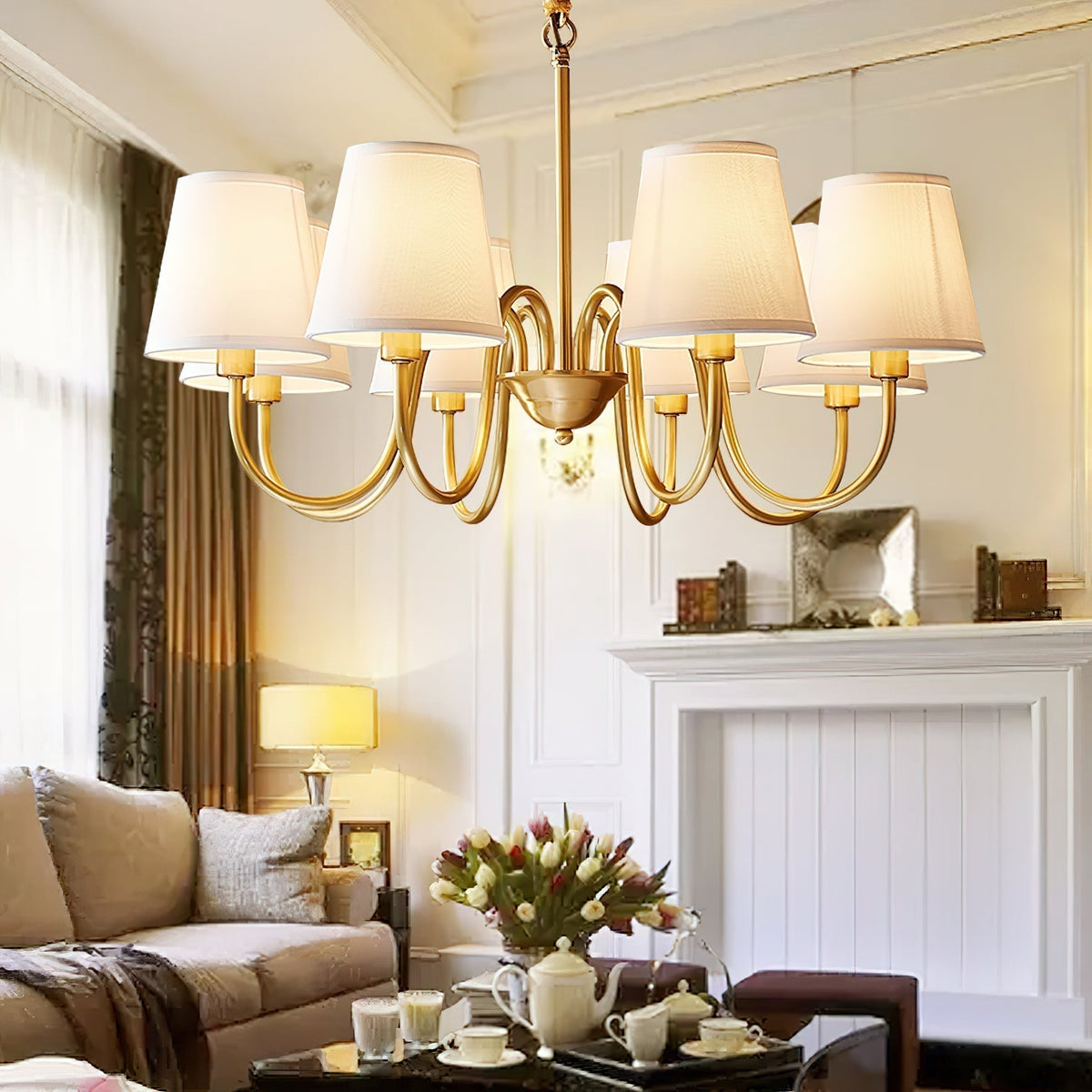 Fabric Shade Chandelier with Brass Frame, 3 to 10 Lights