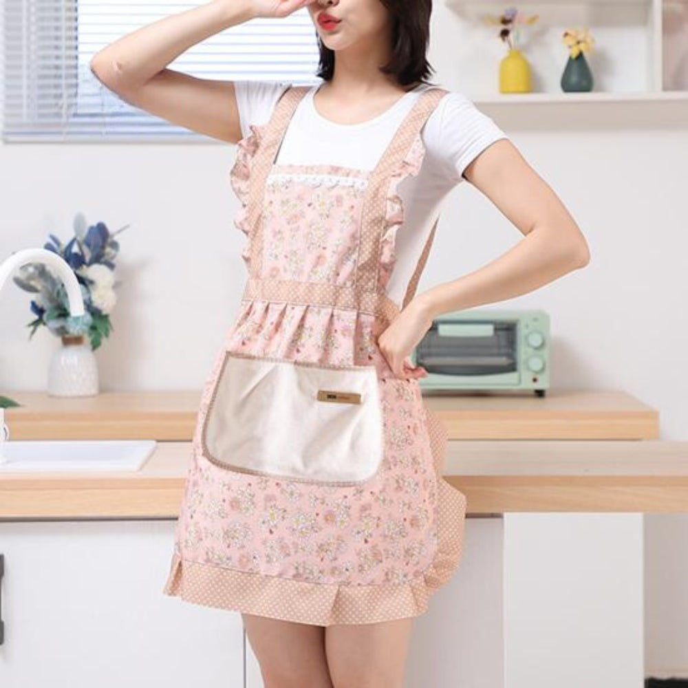 Floral Cotton Apron, Water-Repellent with Pockets, Adjustable