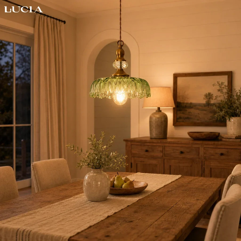 Floral Embossed Glass Pendant Light with Brass Finish
