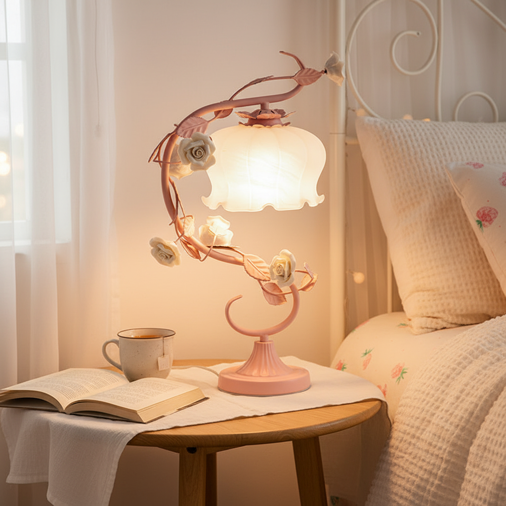 Rose Table Lamp with Porcelain Flowers and Milk Glass Shade
