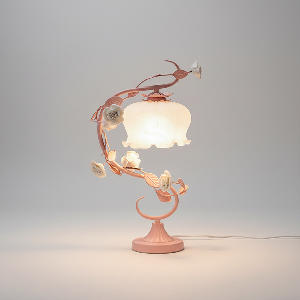 Rose Table Lamp with Porcelain Flowers and Milk Glass Shade