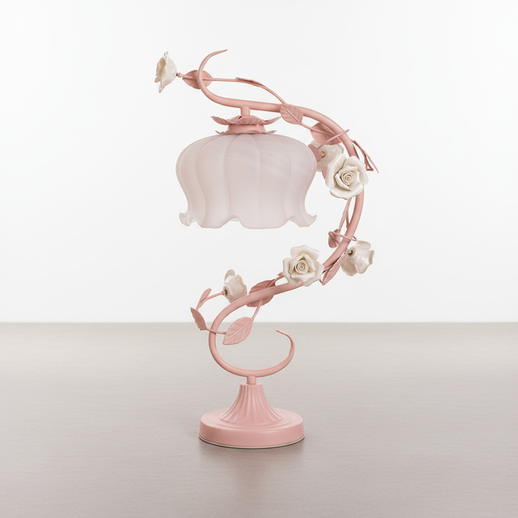 Rose Table Lamp with Porcelain Flowers and Milk Glass Shade