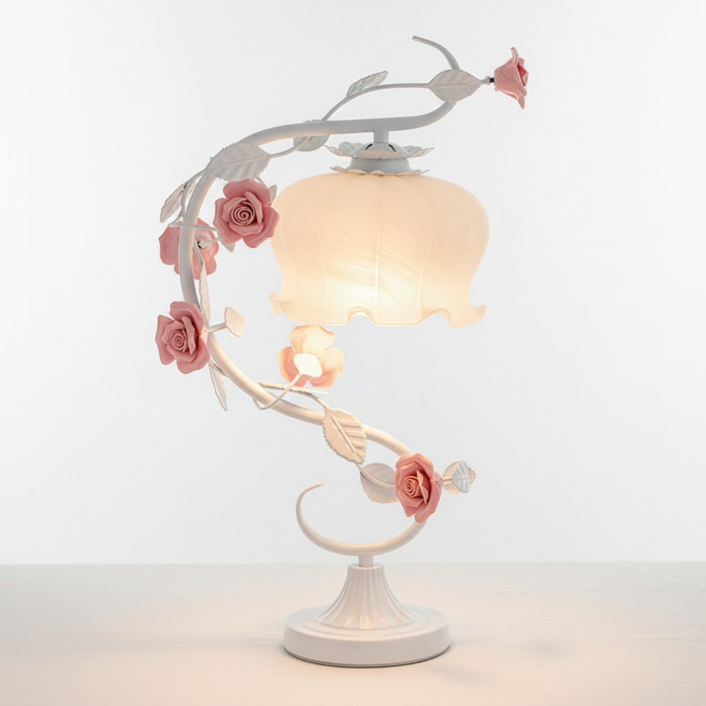Rose Table Lamp with Porcelain Flowers and Milk Glass Shade