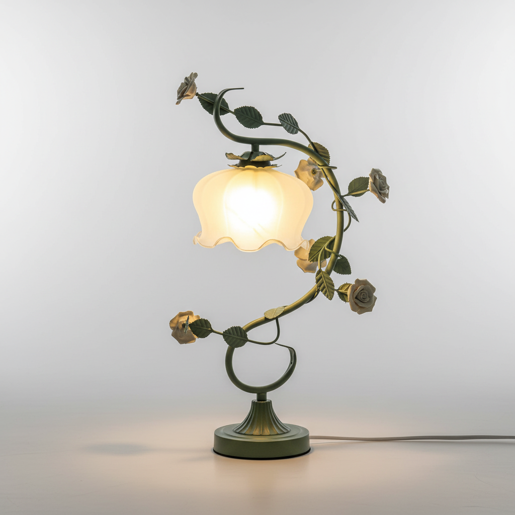 Rose Table Lamp with Porcelain Flowers and Milk Glass Shade