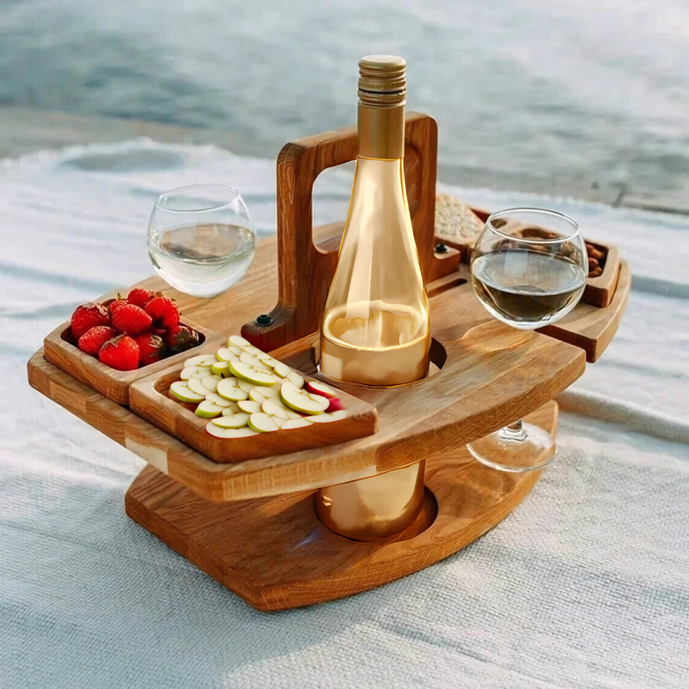 Portable Wooden Wine Tray with Bottle and Glass Holders