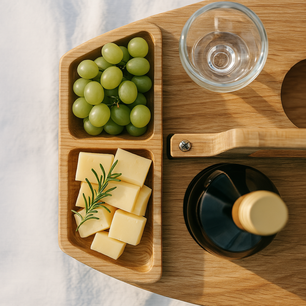 Portable Wooden Wine Tray with Bottle and Glass Holders