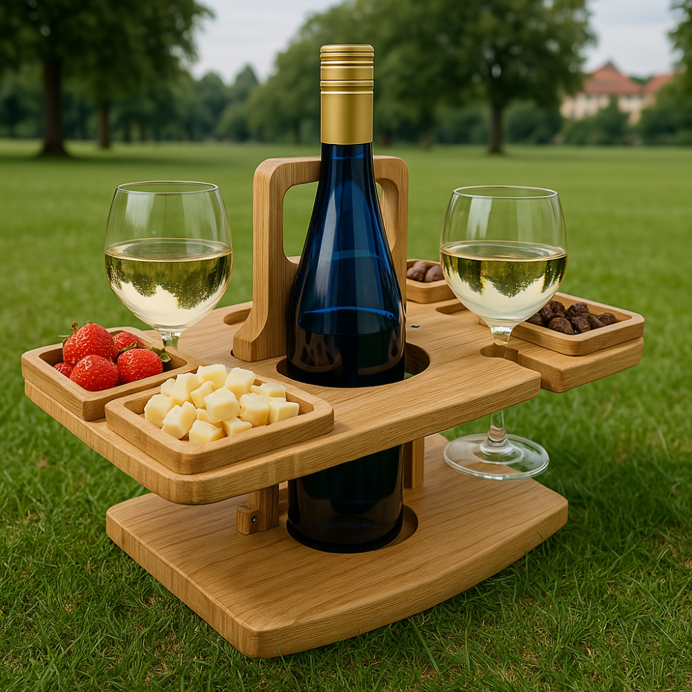 Portable Wooden Wine Tray with Bottle and Glass Holders