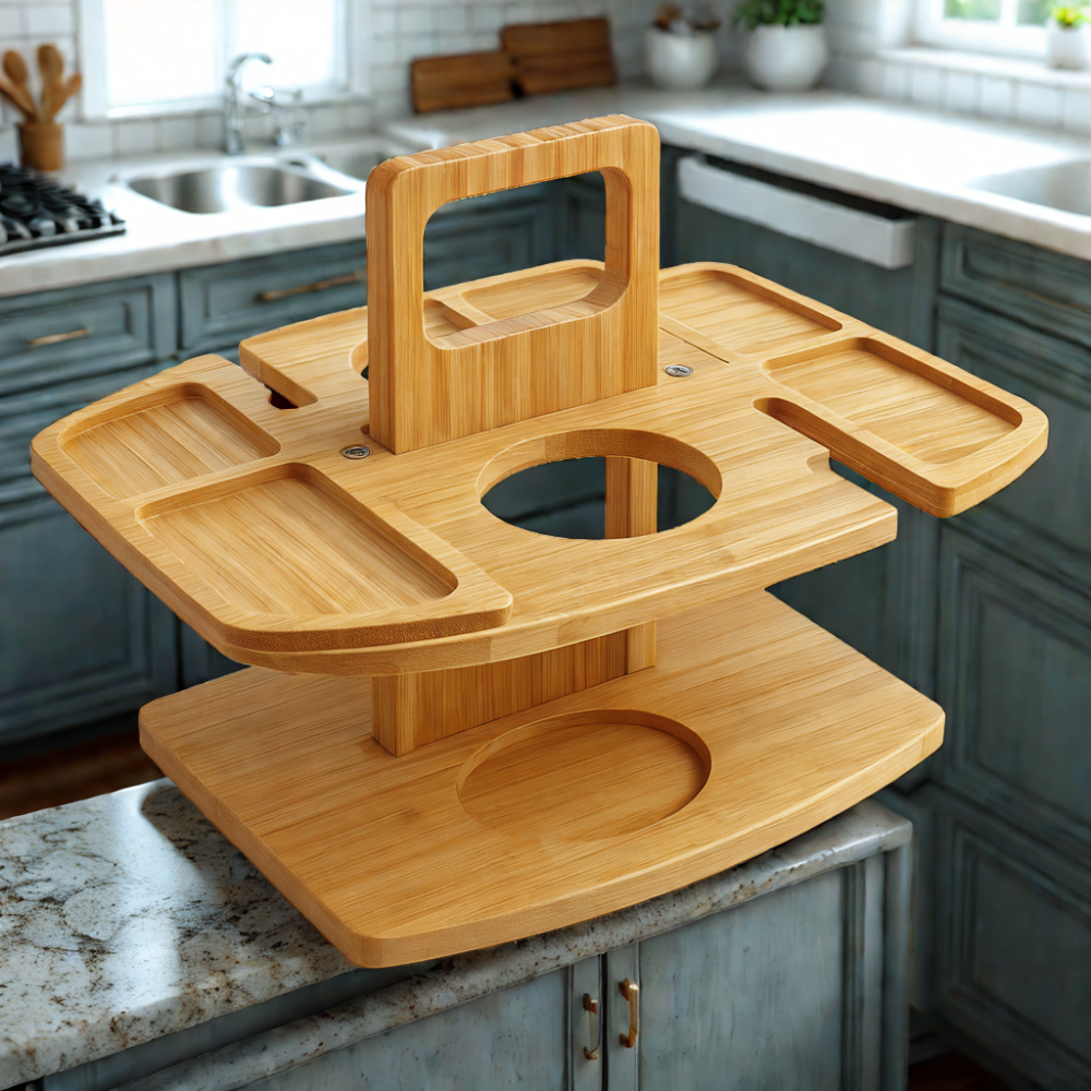 Portable Wooden Wine Tray with Bottle and Glass Holders