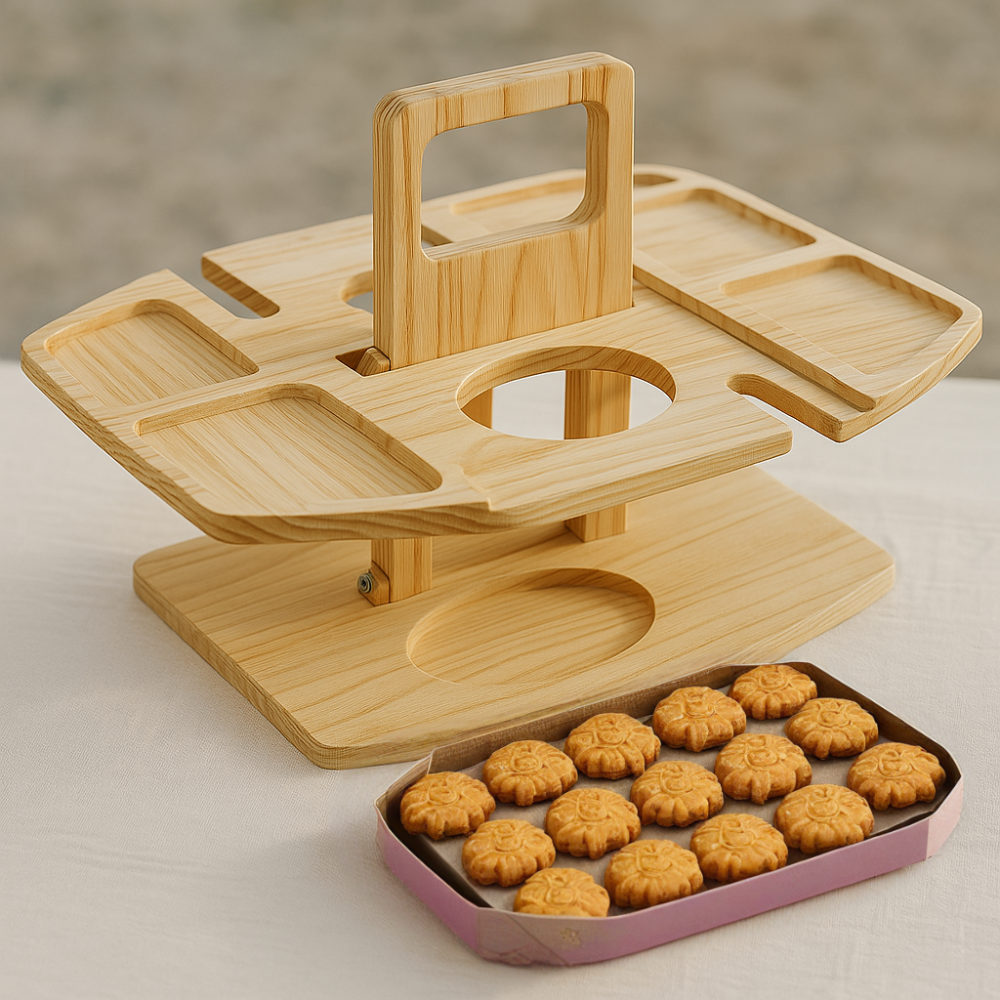 Portable Wooden Wine Tray with Bottle and Glass Holders