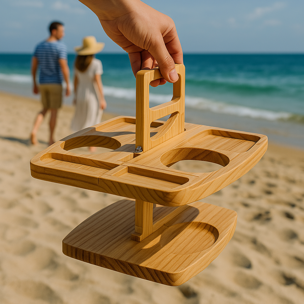Portable Wooden Wine Tray with Bottle and Glass Holders