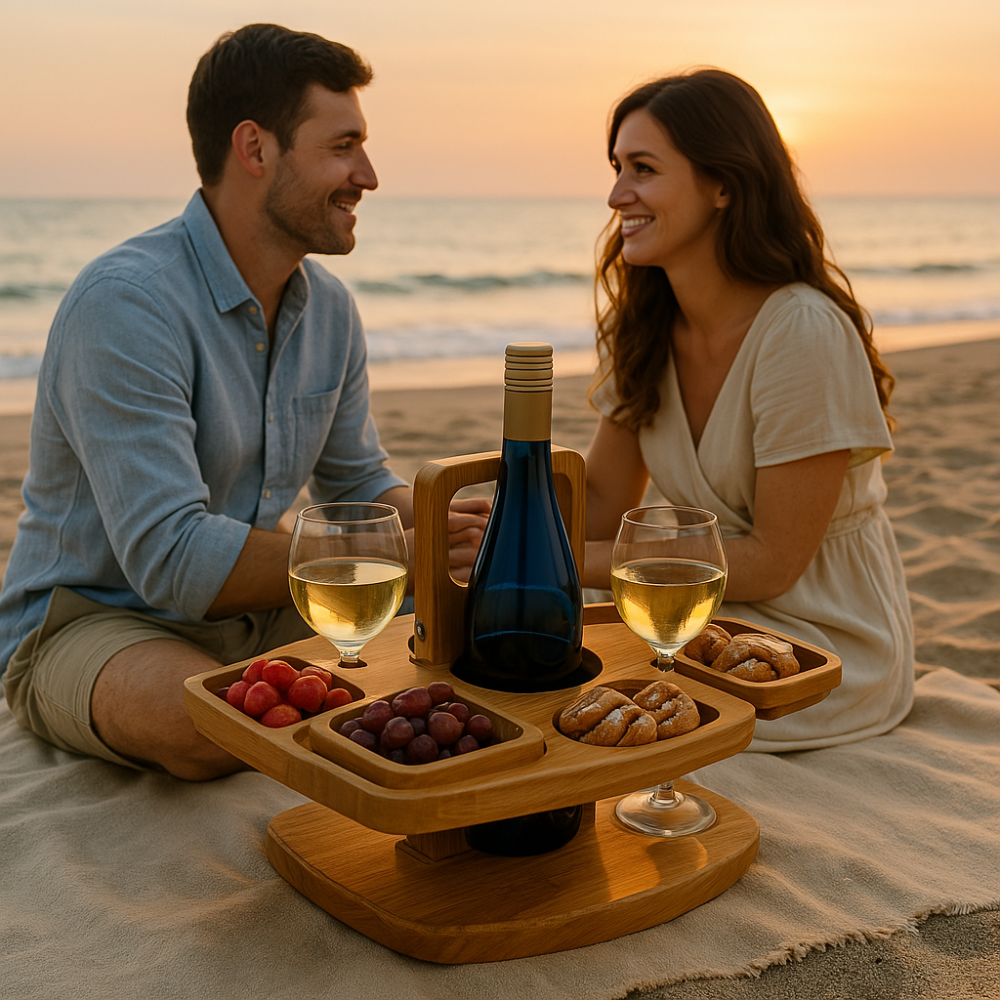 Portable Wooden Wine Tray with Bottle and Glass Holders