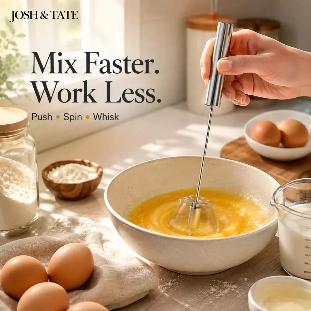 Push and Twist Stainless Steel Egg Beater, One-Hand Whisk