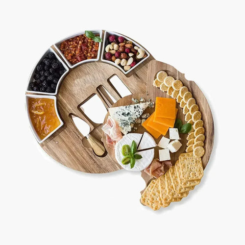 Acacia Wood Cheese Board Set with 4 Knives and 4 Bowls