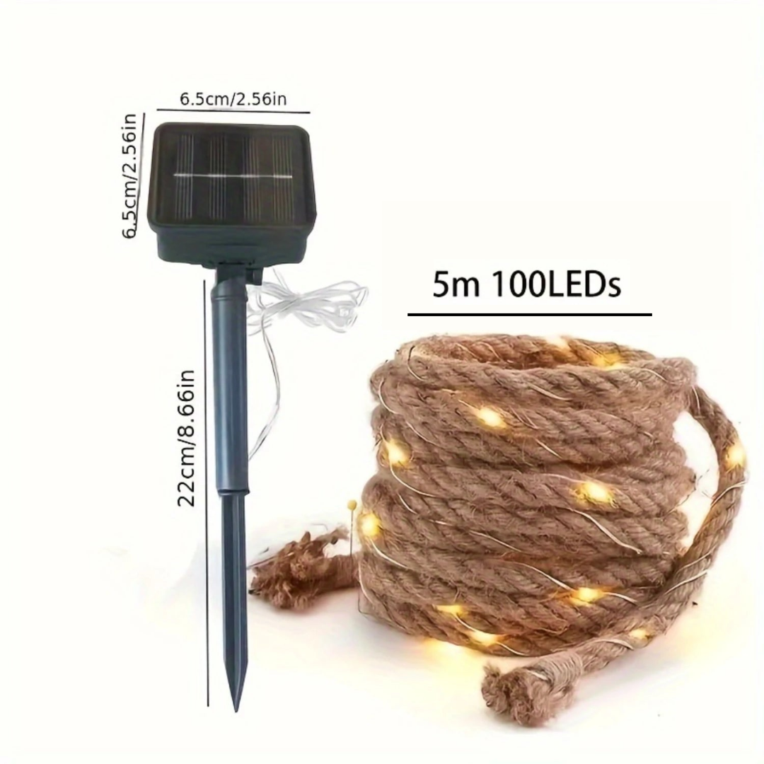 Solar Hemp Rope String Lights, 5 m, 100 Warm White LEDs