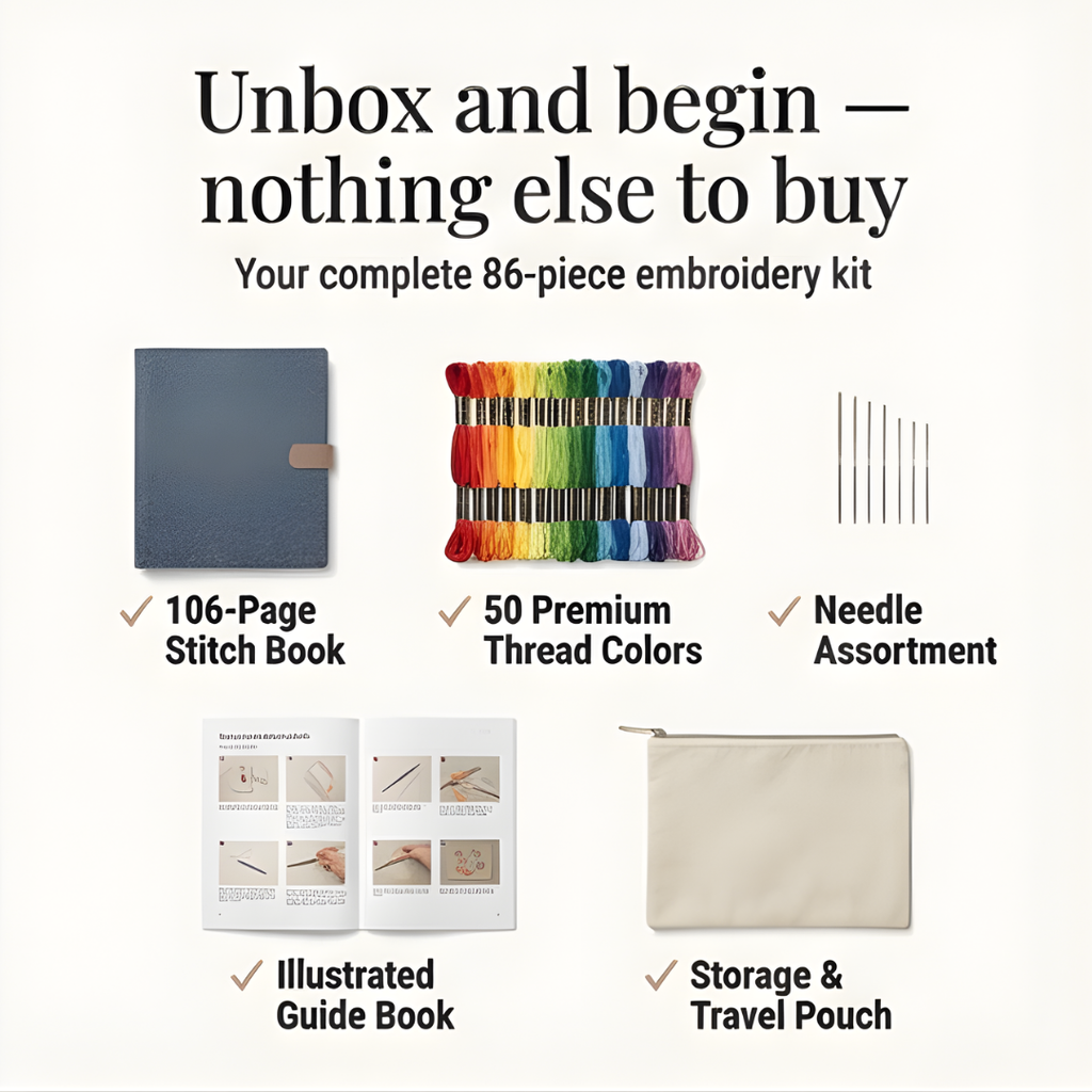 Embroidery Stitch Book Kit, 106 Stitches with 86-Piece Tool Set