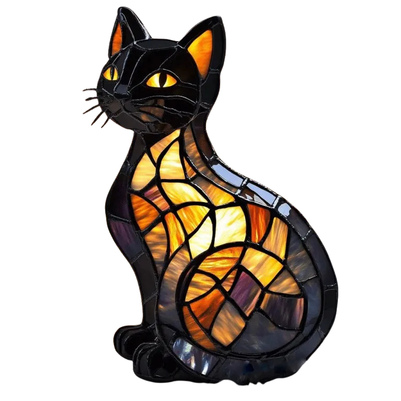 Solar Cat Garden Light with Green Eyes, Gold-Look Finish