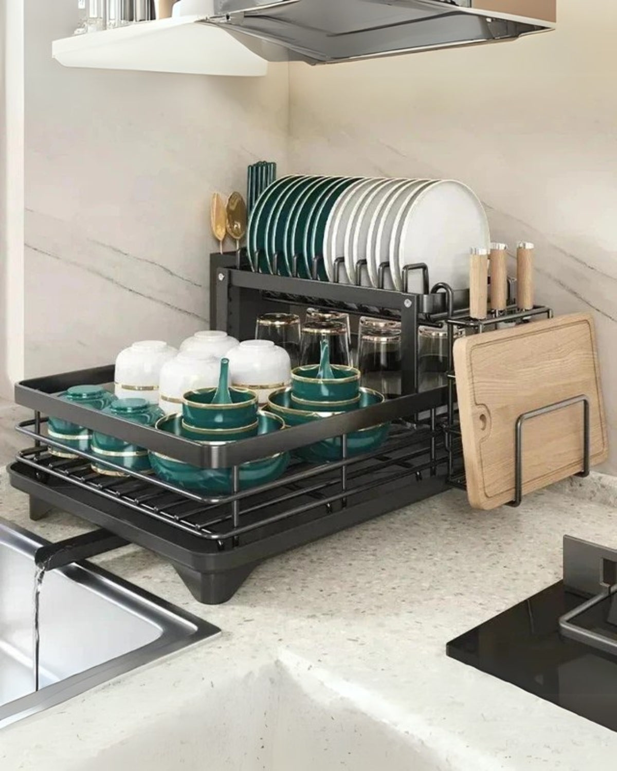 Carbon Steel Dish Rack with 360 Degree Swivel Spout, 1 or 2 Tiers