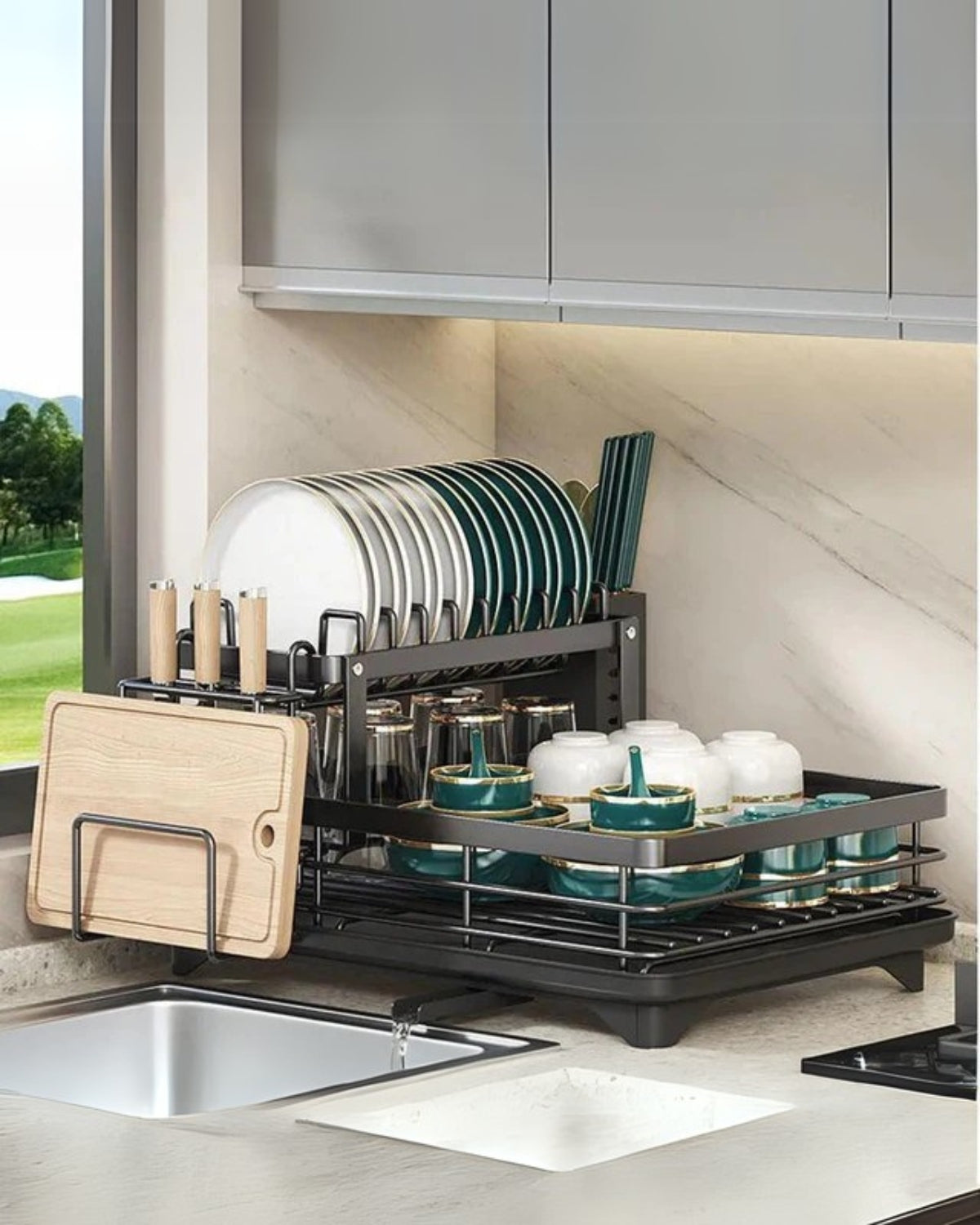Carbon Steel Dish Rack with 360 Degree Swivel Spout, 1 or 2 Tiers