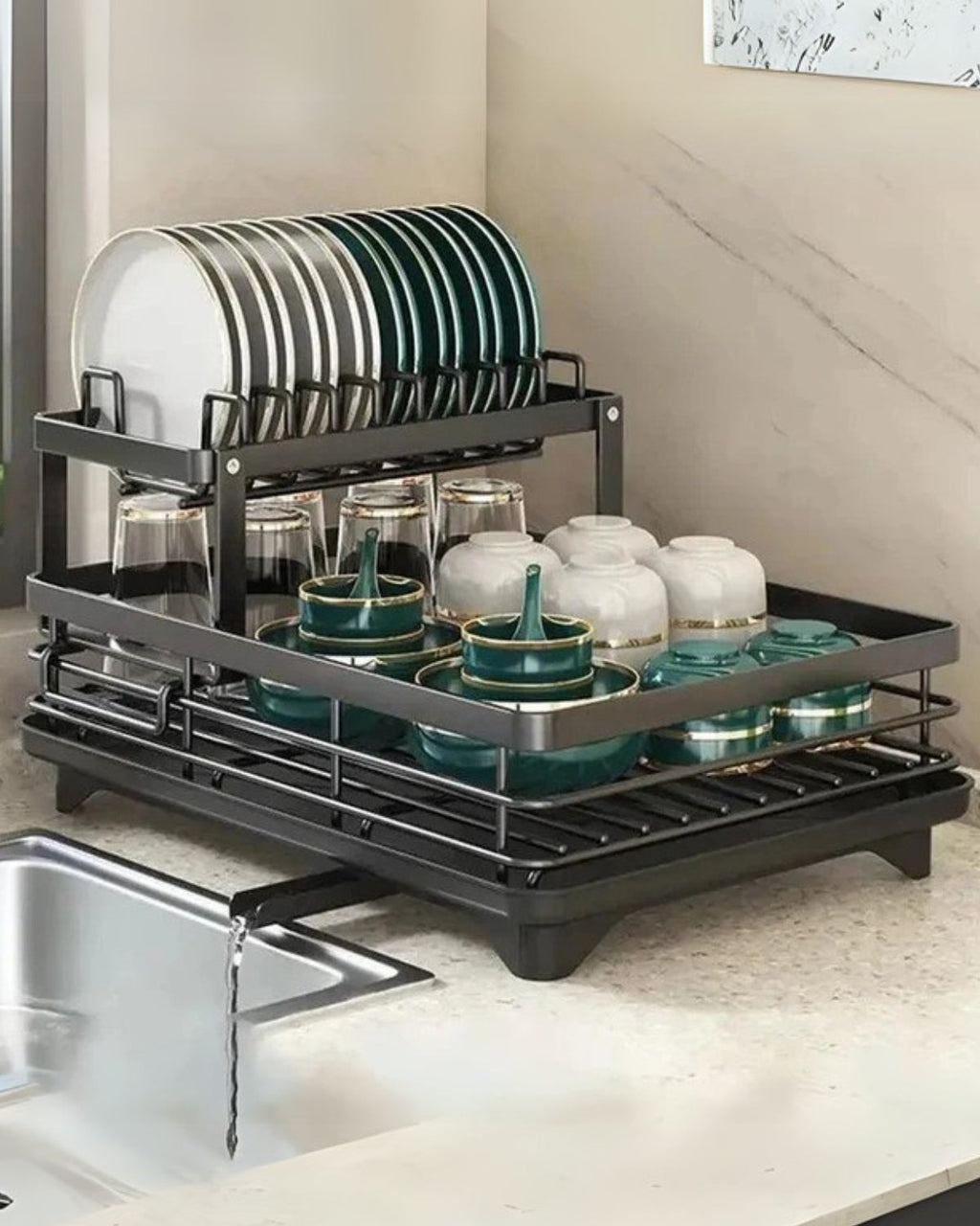 Carbon Steel Dish Rack with 360 Degree Swivel Spout, 1 or 2 Tiers
