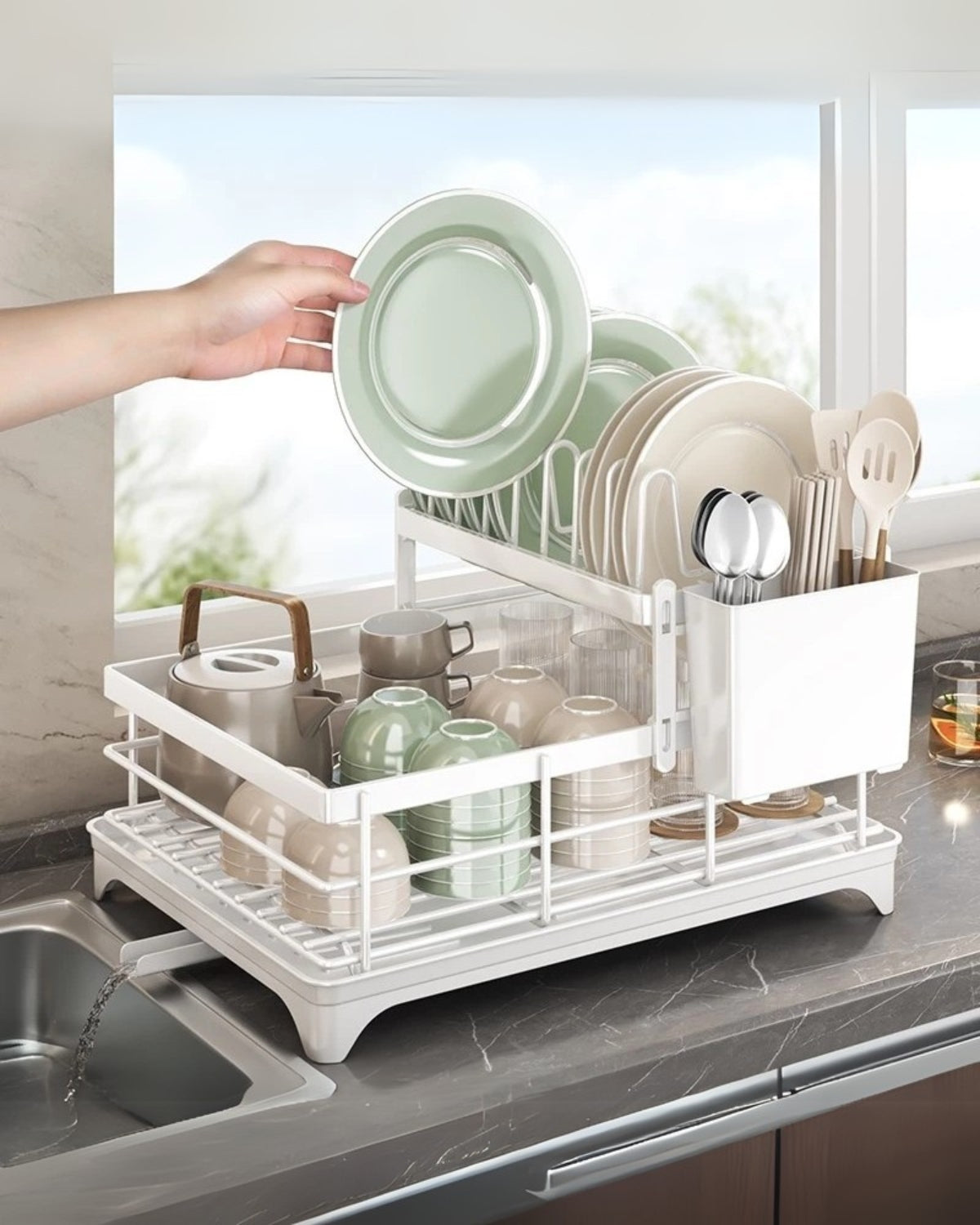 Carbon Steel Dish Rack with 360 Degree Swivel Spout, 1 or 2 Tiers