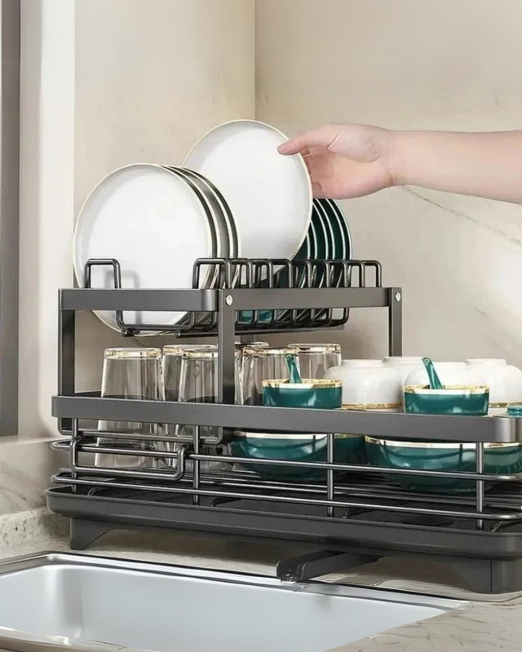 Carbon Steel Dish Rack with 360 Degree Swivel Spout, 1 or 2 Tiers