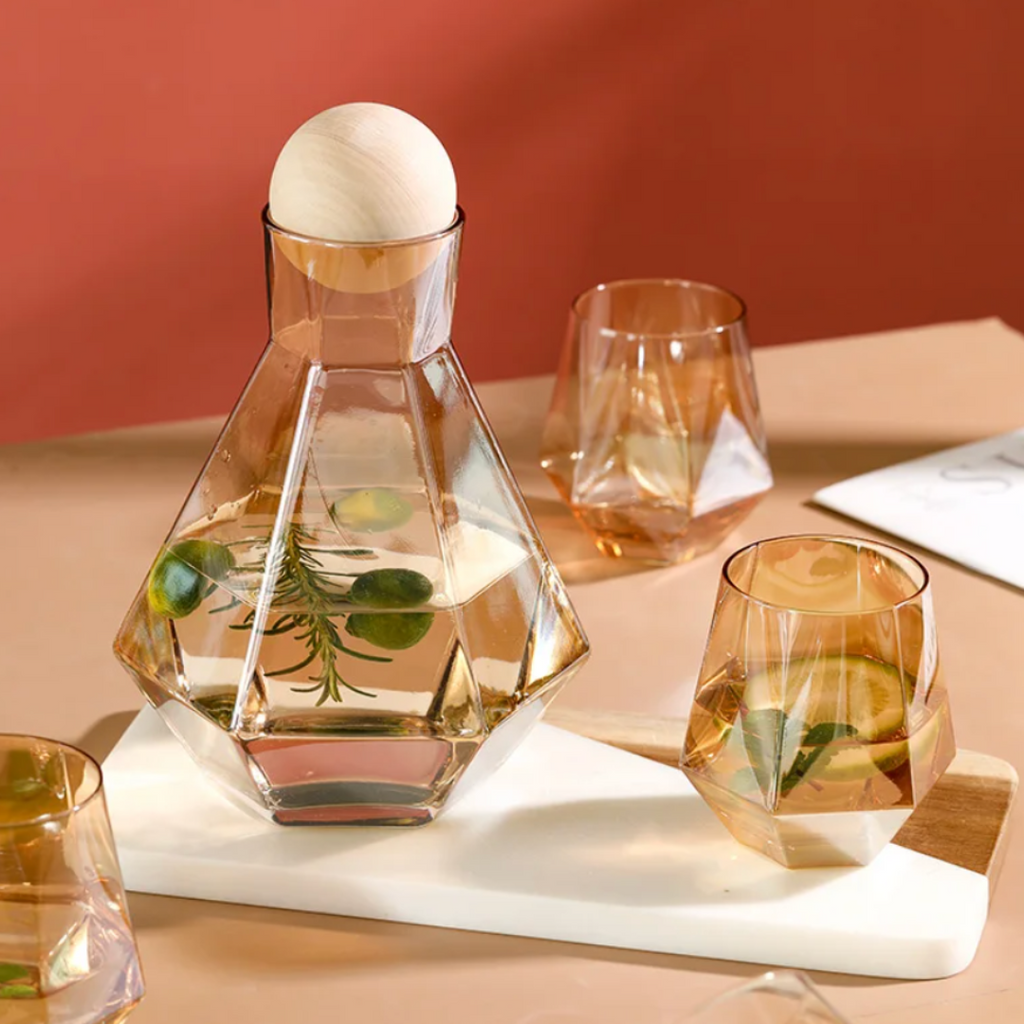 5-Piece Diamond-Cut Glass Carafe Set with Beech Stopper