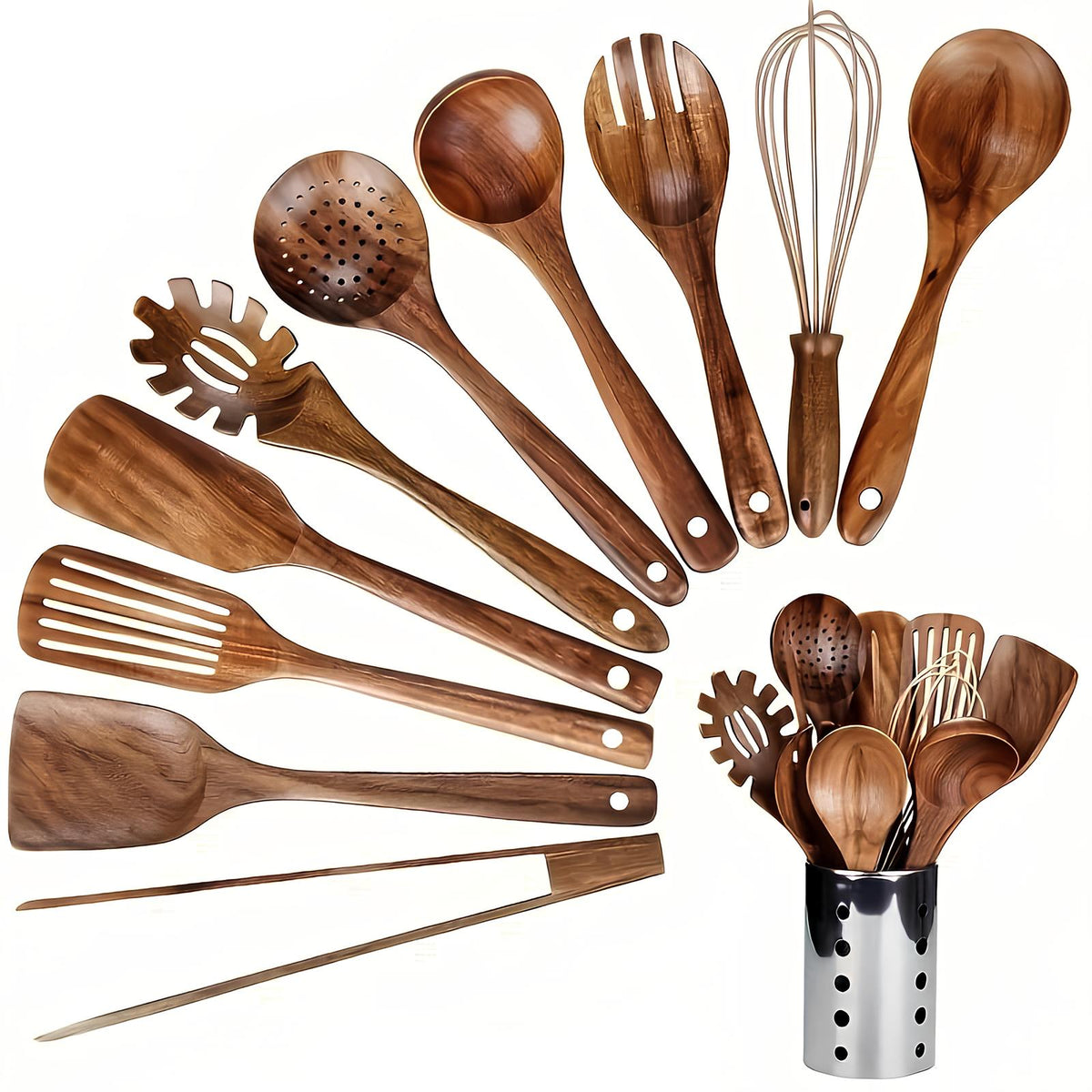 11-Piece Teak Kitchen Utensil Set with Wooden Holder